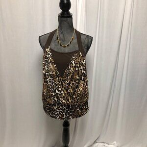 IZ Byer California Halter Top Womens Size XL Brown Animal Print Layered Look